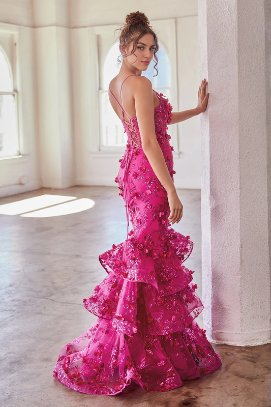 omberprom Fashion 3D Floral Sleeveless Tiered Mermaid Dress Evening Dress