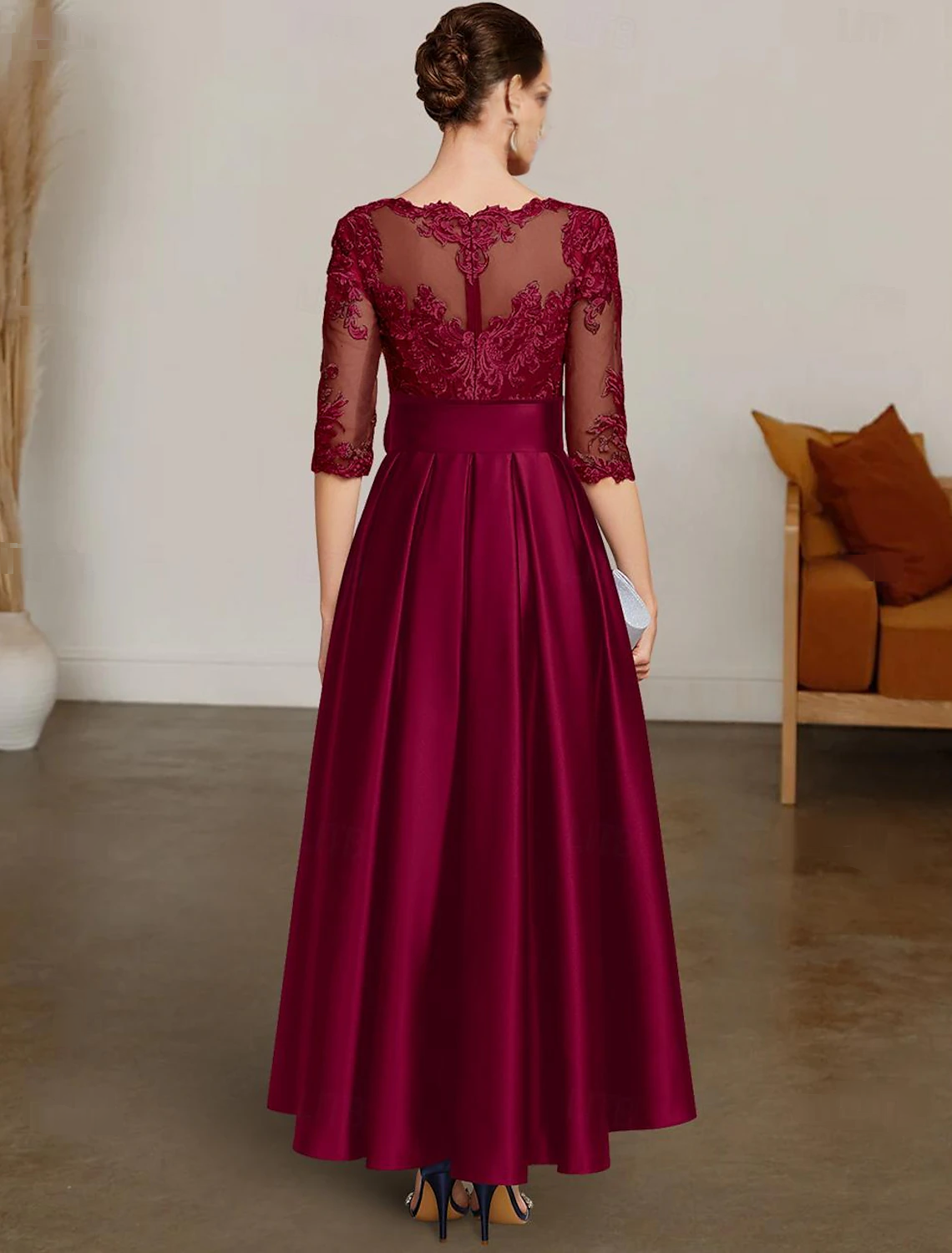 omberprom A-Line Chrismas Dress Mother of the Bride Dress Formal Wedding Guest Elegant High Low Bateau Neck Asymmetrical Satin Lace 3/4 Length Sleeve with Lace Sash / Ribbon