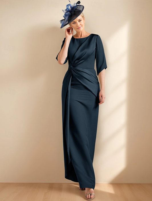 omberprom Sheath / Column Dress Mother of the Bride Dress Elegant Jewel Neck Ankle Length Satin Half Sleeve with Ruched