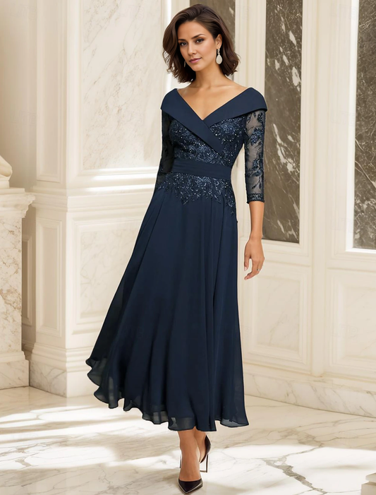 omberprom A-Line Mother of the Bride Dress Wedding Guest Elegant Sweetheart Ankle Length Chiffon 3/4 Length Sleeve with Lace