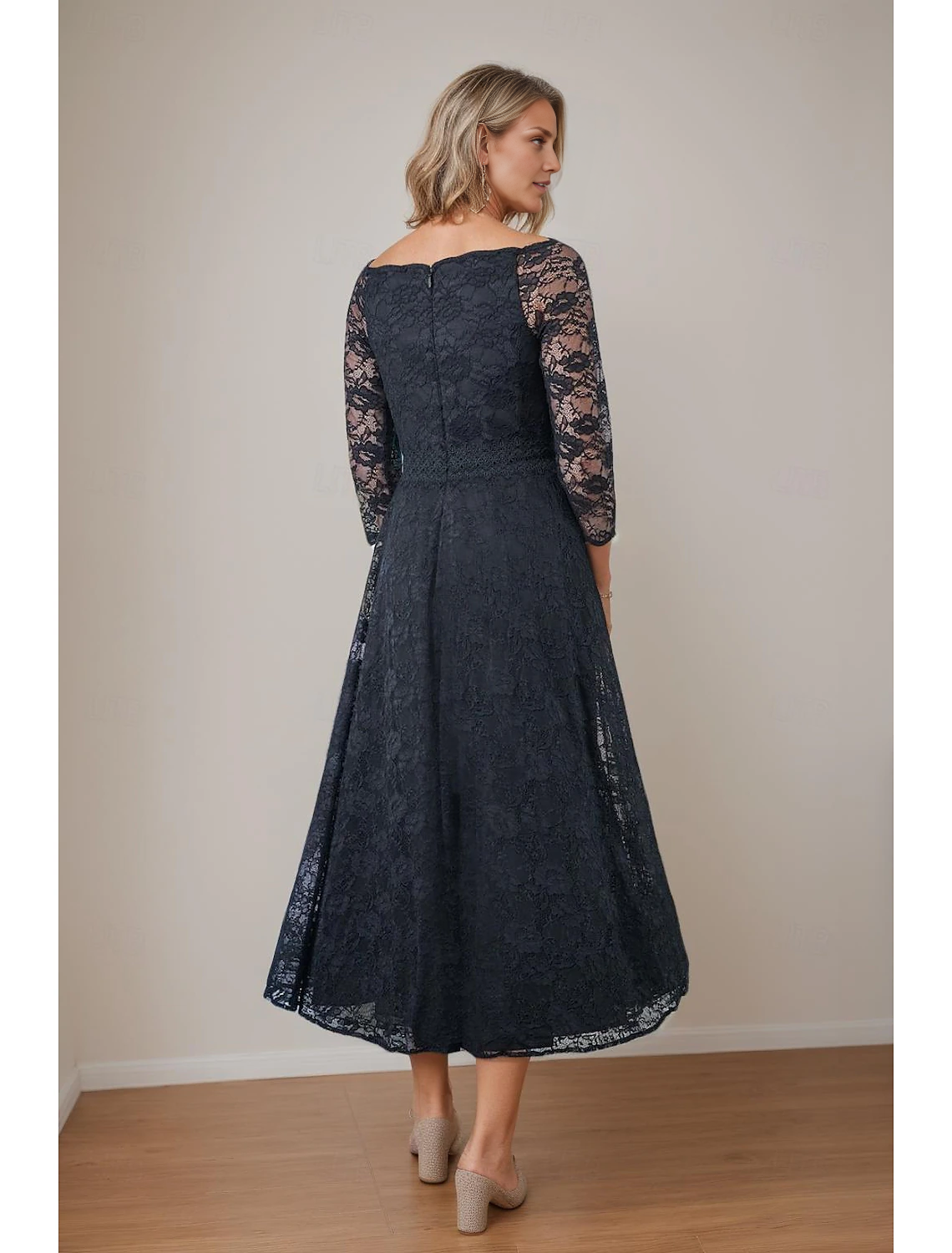 omberprom A-Line Mother of the Bride Dress Elegant V Neck Tea Length Lace 3/4 Length Sleeve with Lace