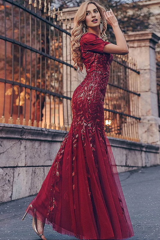 omberprom Elegant Formal Dresses Applique Fitted Short Sleeve Dresses Gowns Evening Dresses