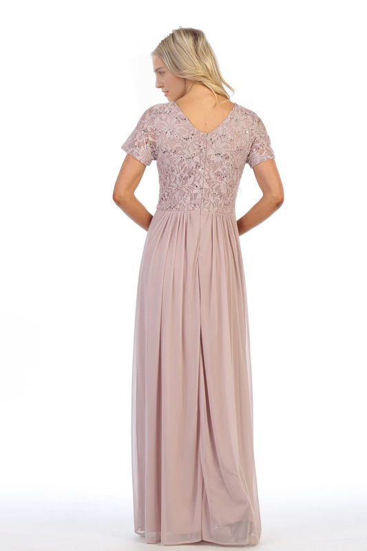 omberprom Elegant Mother Of Bride Dresses Long Lace Bodice Dress with Short Sleeves Gowns Evening Dresses