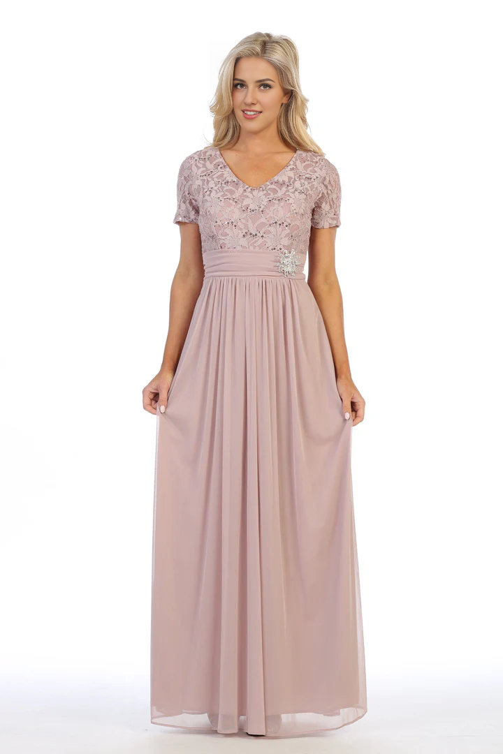 omberprom Elegant Mother Of Bride Dresses Long Lace Bodice Dress with Short Sleeves Gowns Evening Dresses