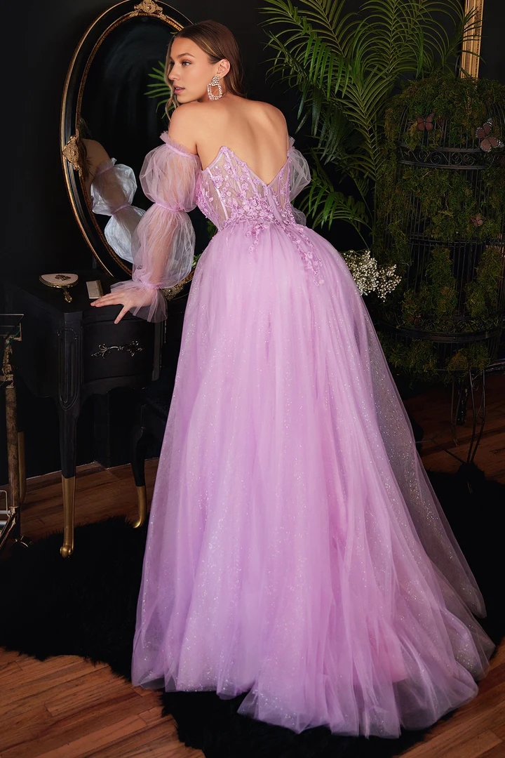 omberprom Elegant Formal Dresses Floral Applique Puff Sleeve Dresses Gowns Evening Dresses