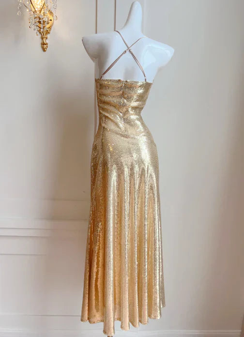 omberprom Elegant Dresses Gowns Evening Dresses Spaghetti Straps Gold Sequin Long Prom Dress Evening Party Gown