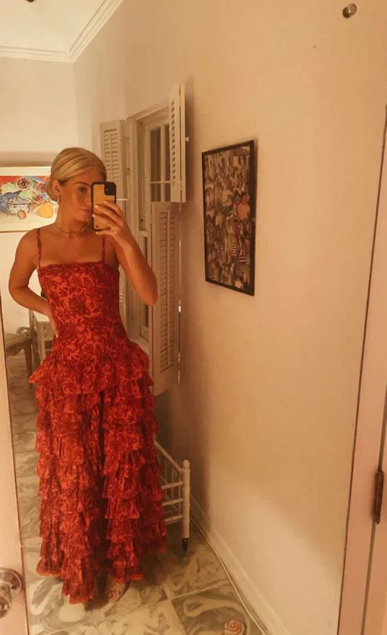 omberprom Elegant Formal Women's Dresses Spaghetti Straps Red Lace Long Prom Dress Tiered Evening Dress