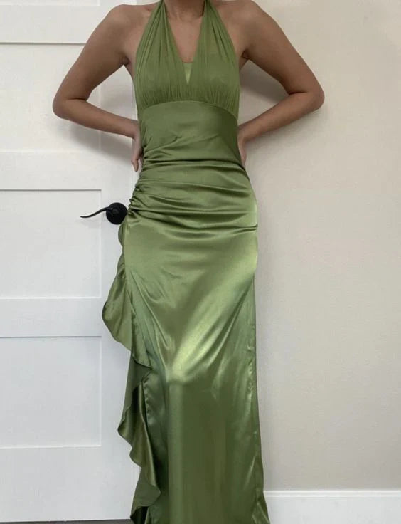 omberprom Elegant Prom Dresses Halter Green Satin Long Prom Dress Ruffle Formal Party Gown