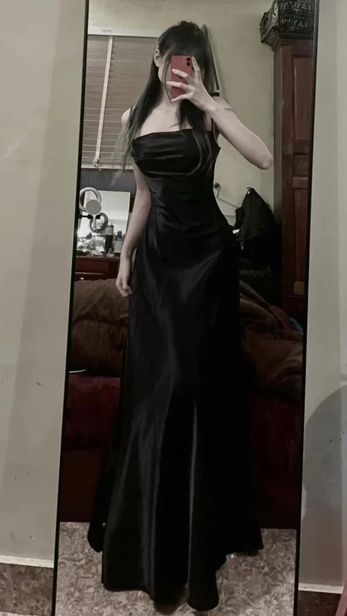 omberprom Elegant Formal Dresses Spaghetti Straps Black Satin Long Prom Dress Formal Evening Dress