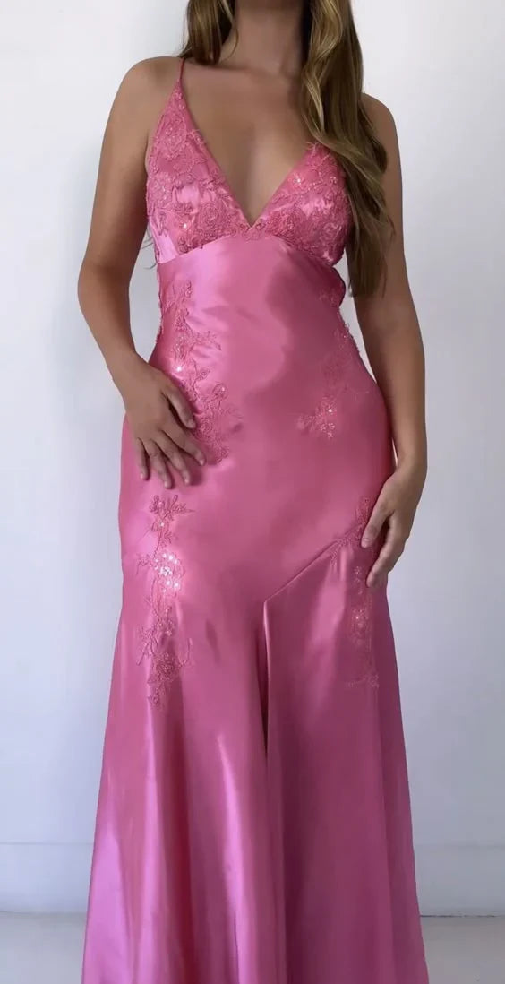 omberprom Elegant Dresses Gowns Evening Dresses V Neck Pink Applique Long Prom Dress Vintage Evening Dress