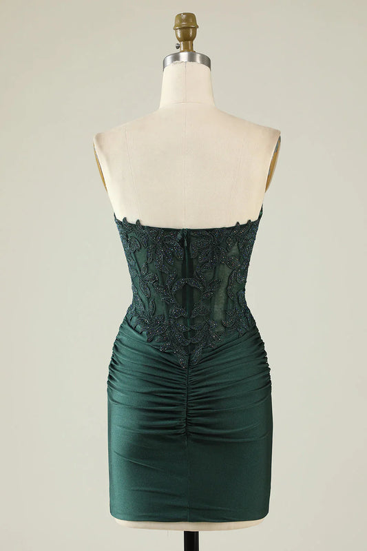 omberprom Short Homecoming Dress Dark Green Bodycon Strapless Applique with Beading