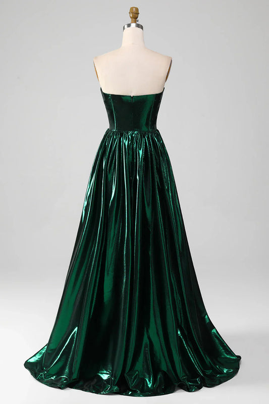 omberprom A-Line Evening Dress Sweetheart Corset Metallic Long Prom Dress Glitter Dark Green
