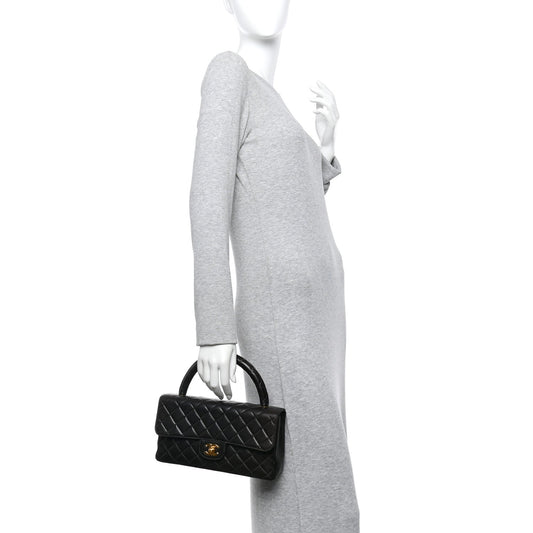 Lambskin Quilted Medium Rectangular Kelly Flap Bag Black