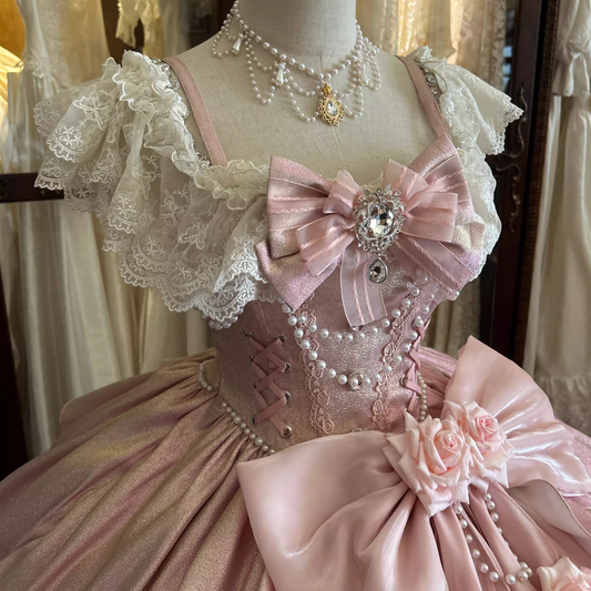 Glamorous Pink Shimmer Lolita Ball Gown _ Vintage-Inspired Lace & Pearl Embellished Princess Dress with Floral Bow Accents TP5067