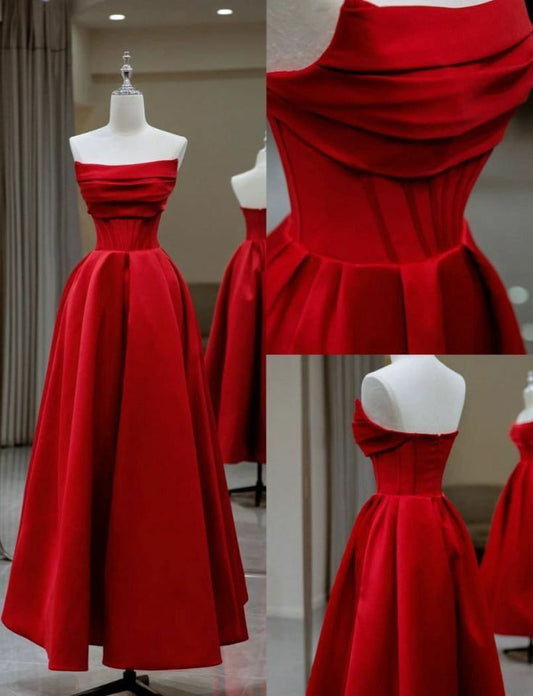 Red Satin Strapless Long A-line Party Dress, Red Satin Prom Dress Evening Dress