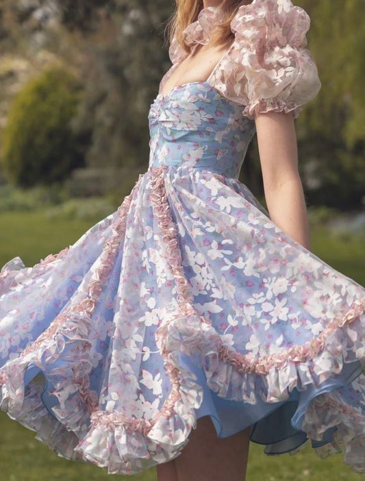 Powder blue puff sleeve waist A-line fantasy princess skirt homecoming dress R3690