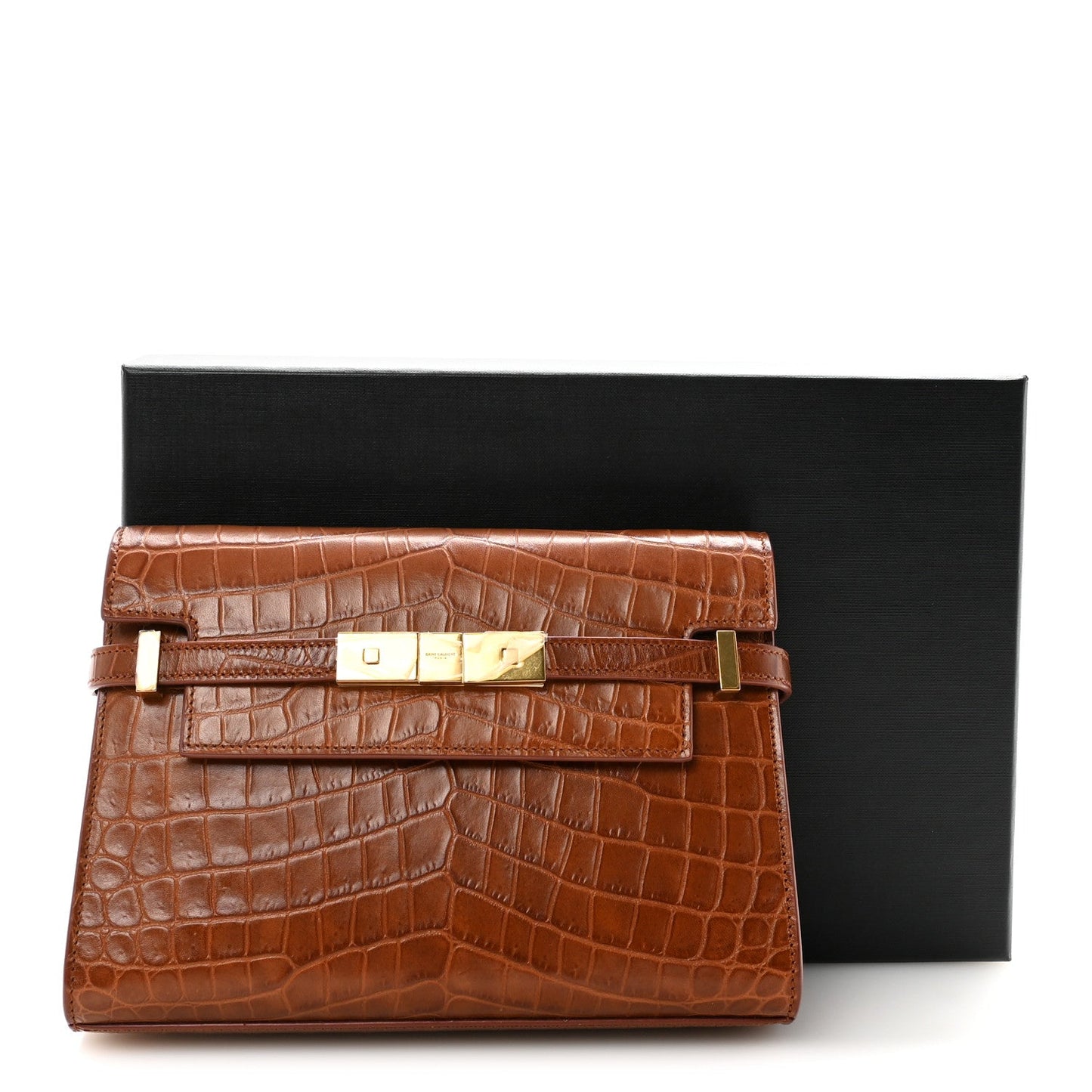 Shiny Calfskin Crocodile Embossed Small Manhattan Baguette Dark Caramel