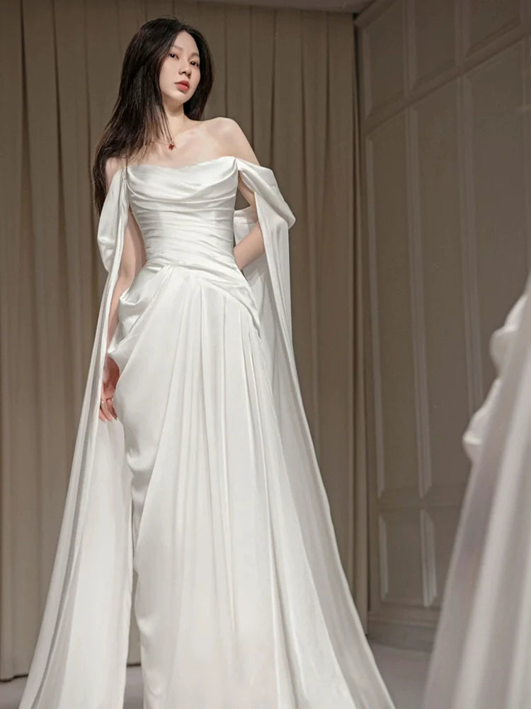 White long evening gown off shoulder birthday party dress S6833