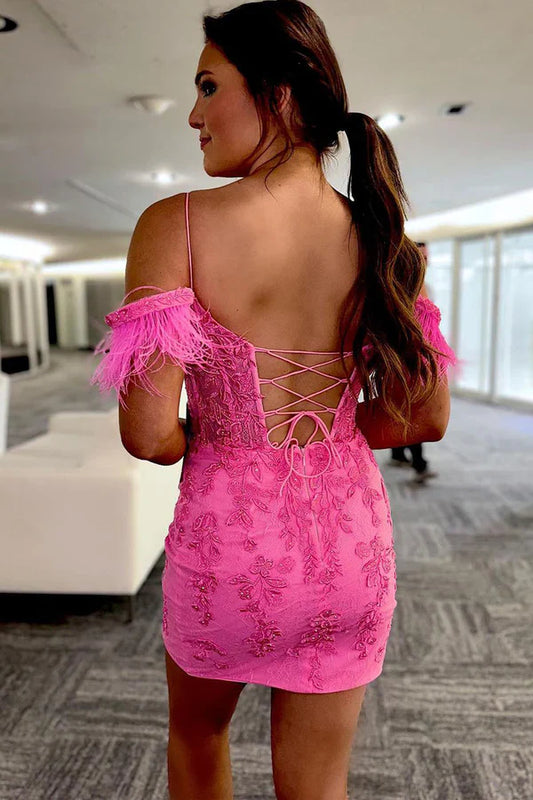 omberprom Fashion Evening Dress Sheath Off the Shoulder Pink Lace Homecoming Dress