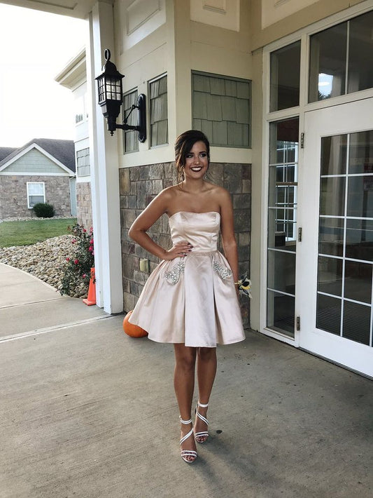 PM221,Strapless satin homecoming dresses beaded pockets hoco dress