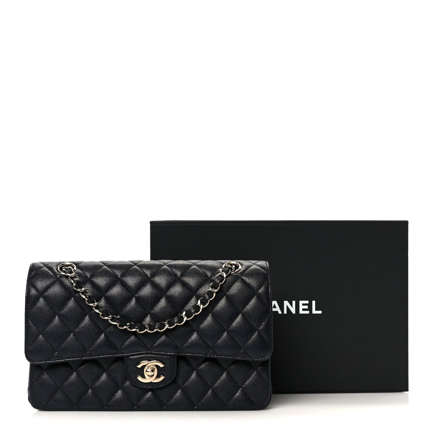 Caviar Quilted Medium Double Flap Navy