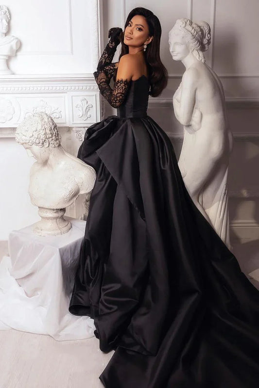 Retro Black Sweetheart Irregular Ruffle Hem Lace Gloves Design Elegant A-Line Satin Evening Dress Prom Dress TP4124