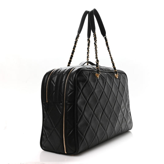 Shiny Grained Calfskin Quilted Large Travel Bowling Bag Black