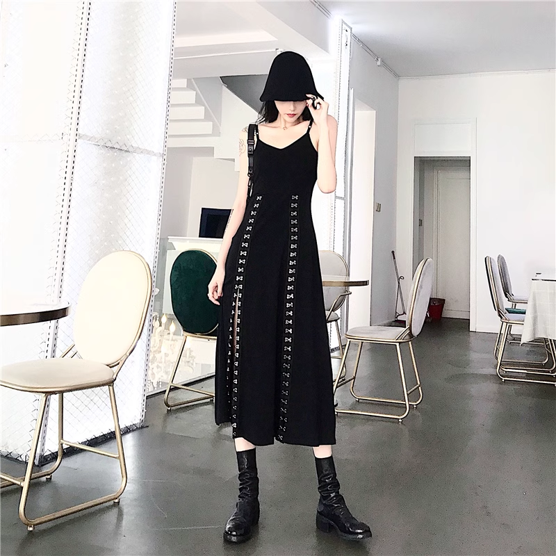 Vintage Hooded Strappy Top Design A-line Sleeveless Spaghetti Strap Split Dress TP3284