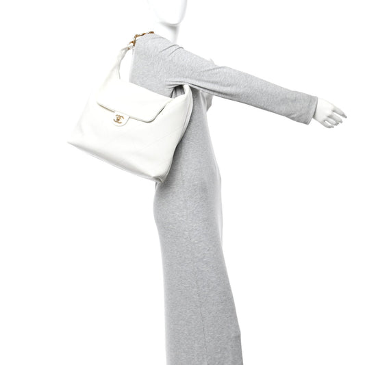 Calfskin Quilted Small Maxi Chain Hobo White