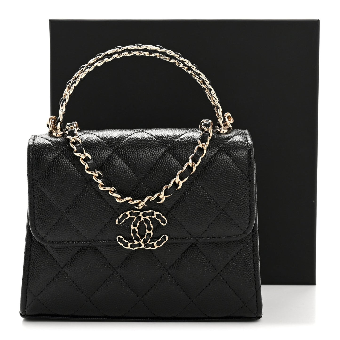 Caviar Quilted Double Chain Top Handle Flap With Chain Black
