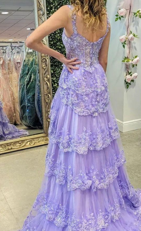 Charming Tulle Appliques Tiered Ruffles Long Prom Dress Slit Party Evening Gown cc1781