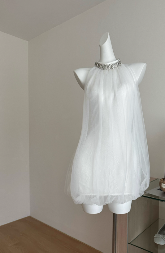 Elegant atmosphere diamond-studded halter neck sling mesh sleeveless short dress R2118