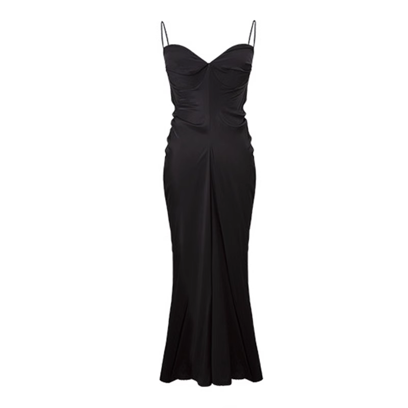 Simple Black Mermaid Design Heart-shaped Collar A-line Sleeveless Spaghetti Strap Dress TP3302