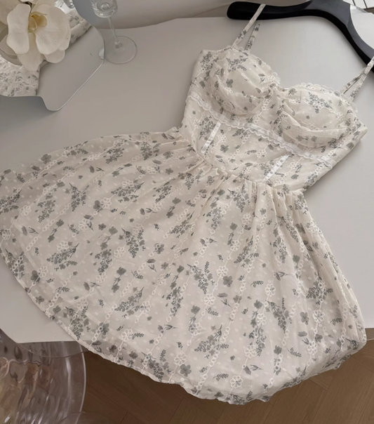 Ballet apricot floral suspender dress gentle short skirt R2116