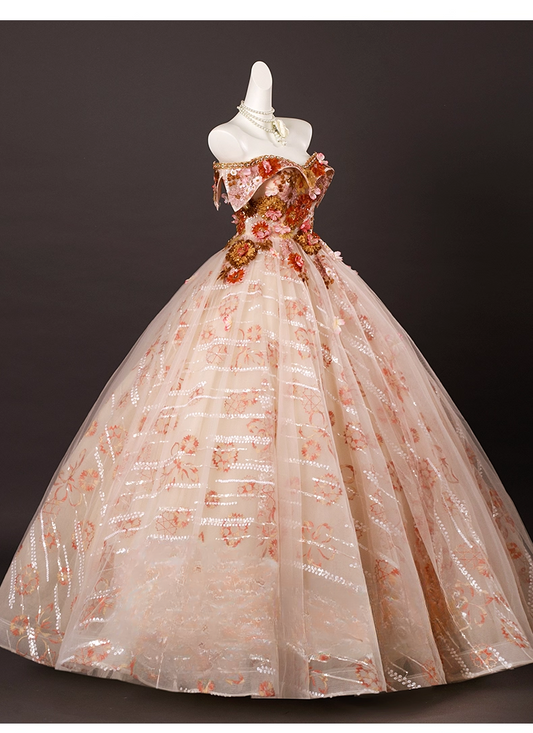 Chic Applique Sweetheart A-Line 3D Flowers Prom Dress Off-the-shoulder Long Quinceanera Ball Gown TP5214