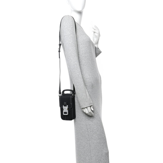 Grained Calfskin Vertical Saddle Pouch With Strap Black