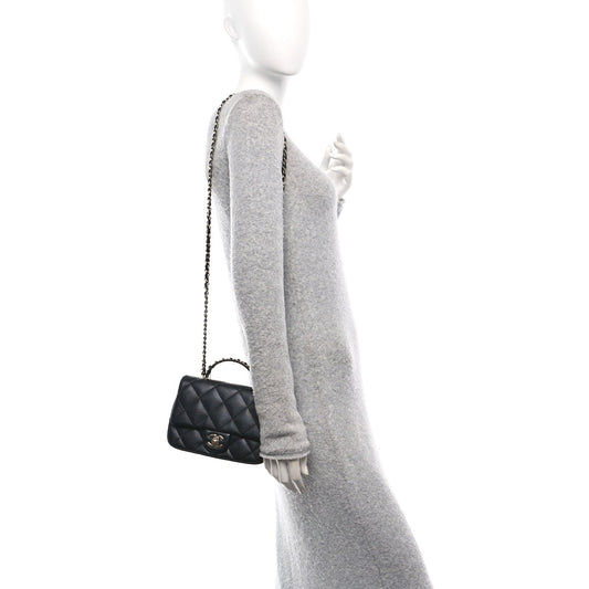 Lambskin Quilted Resin Pearl Chain Top Handle Flap Black