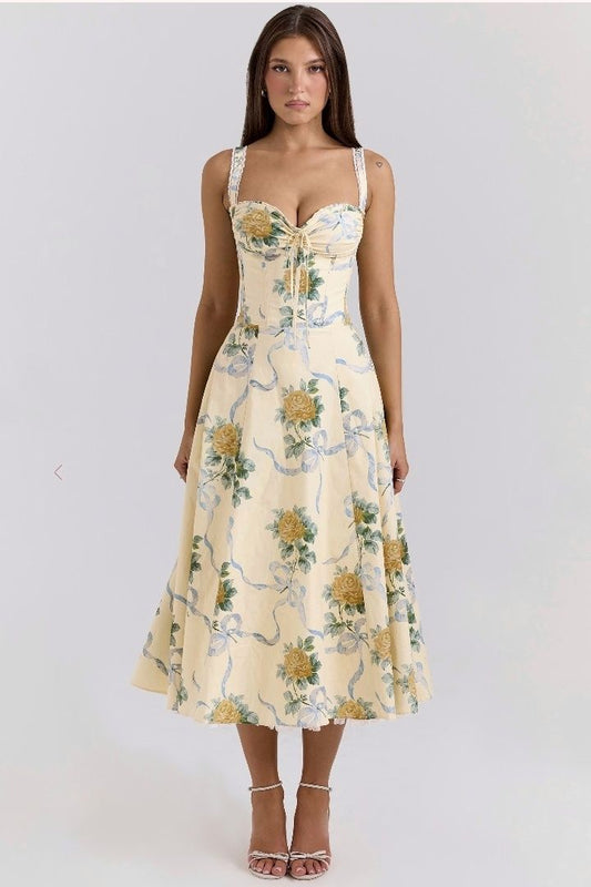 Floral halter low-cut neckline slim sexy A-line long skirt homecoming dress R2477