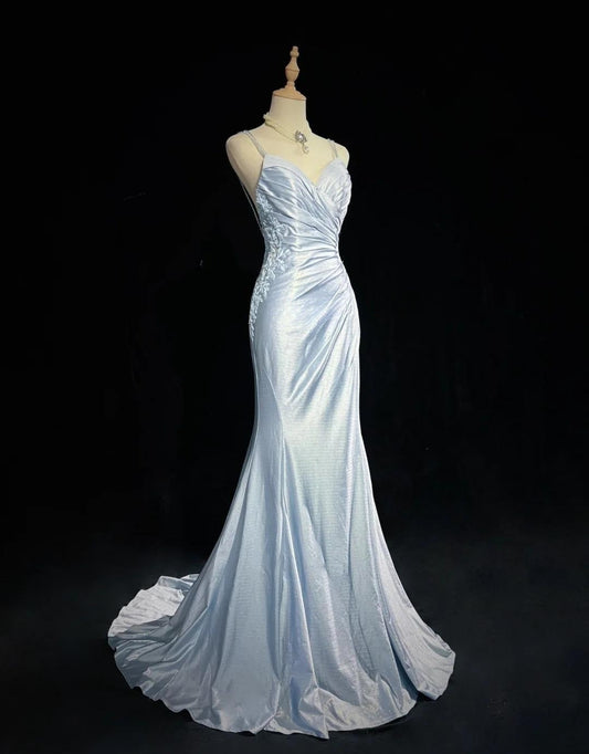 Beautiful Spaghetti Strap Mermaid Glitter Satin Long Prom Backless Applique Prom Gowns Simple Wedding Dresses