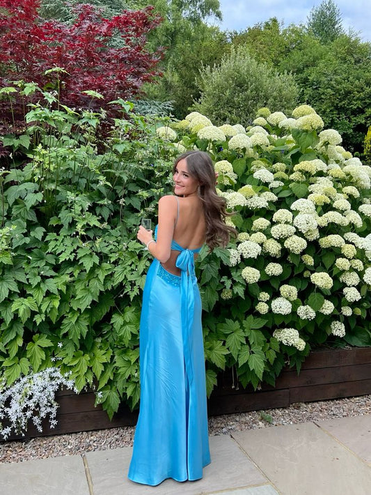 Blue Beaded Sequined Long Prom Gowns Prom Dress