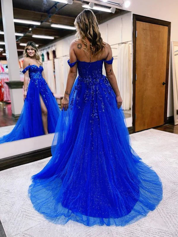 omberprom A Line Evening Dress Off the Shoulder Lace Tulle Prom Dress With Slit