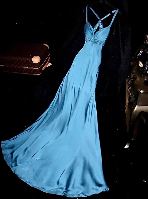 Glamorous Blue Satin Crisscross Spaghetti Straps Beaded Sheath Evening Gown TP5361