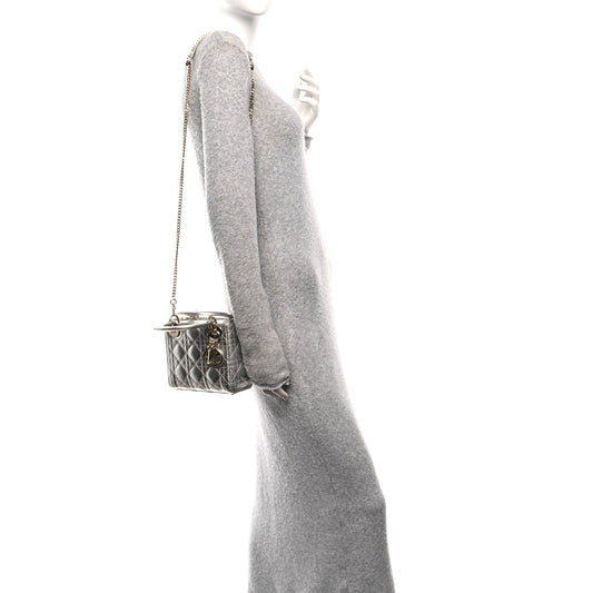 Metallic Grained Calfskin Cannage Mini Lady Dior Silver