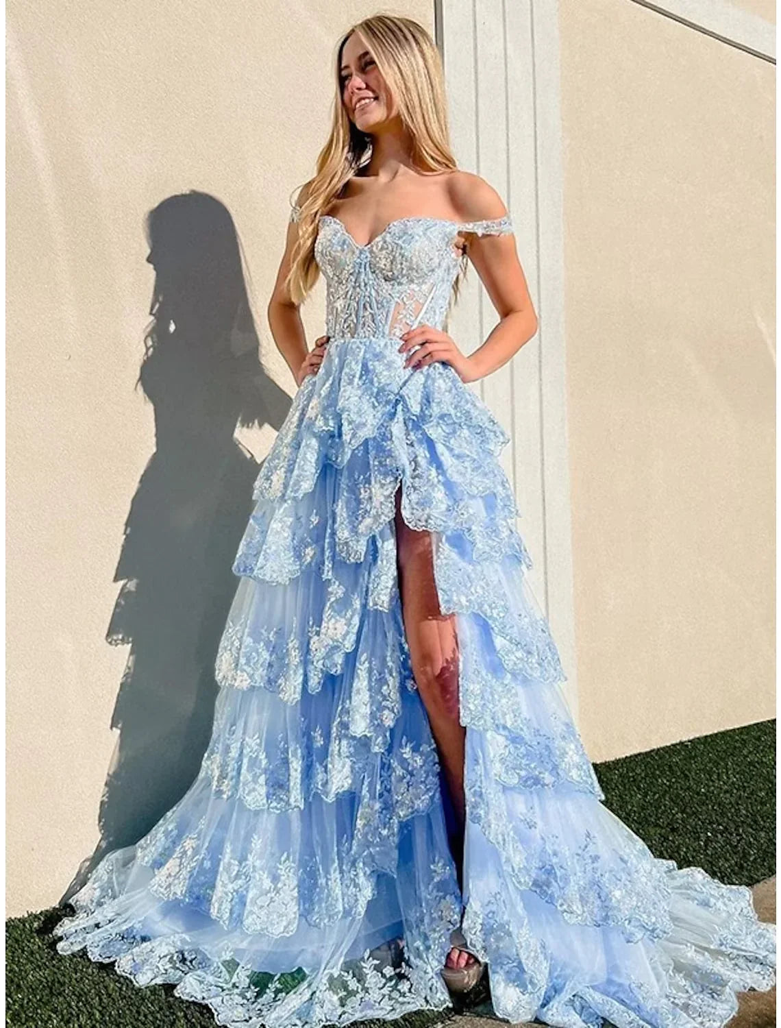 Pink Sequined Lace Layers Split Long Evening Prom Dress