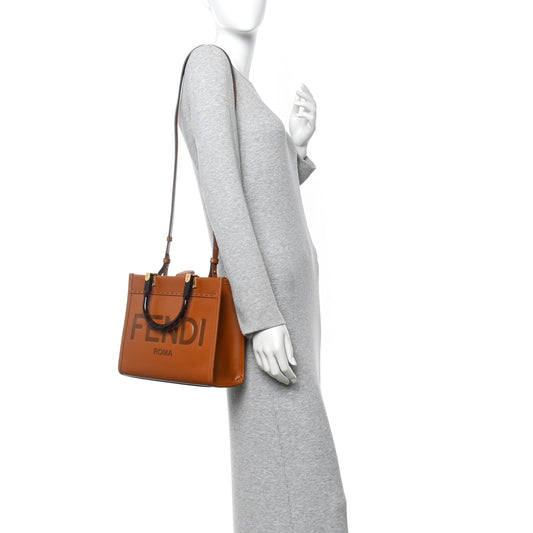 Vitello King Plexiglass Logo Embossed Small Fendi Sunshine Shopper Tote Cuoio