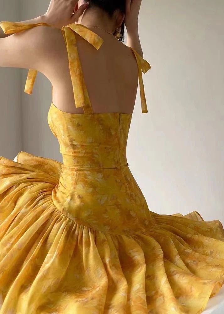 Yellow broken flower suspender slim irregular skirt homecoming dress R2515