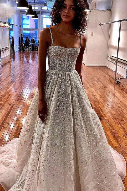 A-line V Neck Shiny Long Prom Dress S20013