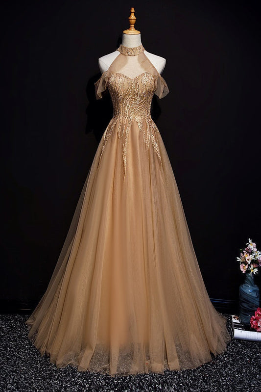 Champagne Tulle Halter Long Prom Dresses, A-Line Prom Gowns