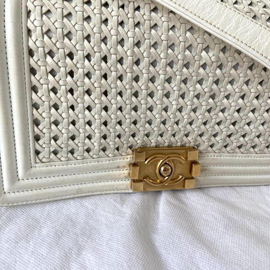 Chanel White/Gold Woven Leather Small Reverso Boy Flap Bag