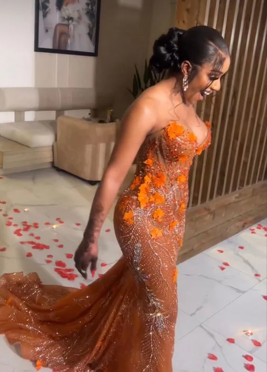 Classy Mermaid Sweetheart Orange Tulle Sequin Prom Gown Long Prom Dresses